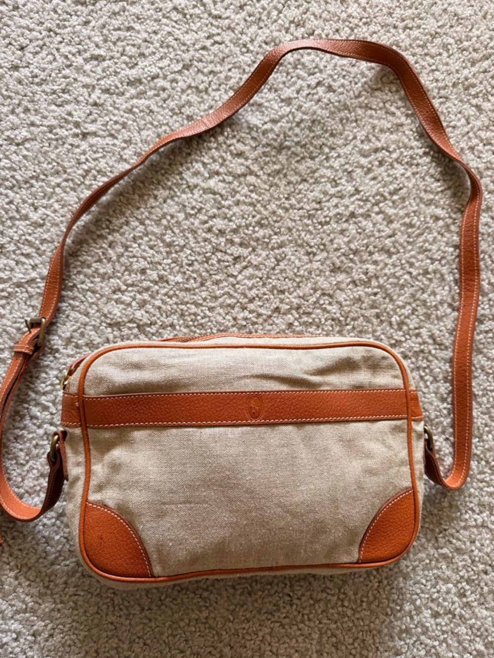 Polo by Ralph Lauren Canvas Messenger Bag in Beige and Tan Leather Vintage